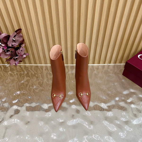 Gucci 2025 Thick-heeled Square-toed Ankle Boots Brown Sheepskin 498070