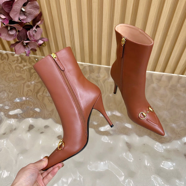 Gucci 2025 Thick-heeled Square-toed Ankle Boots Brown Sheepskin 498070