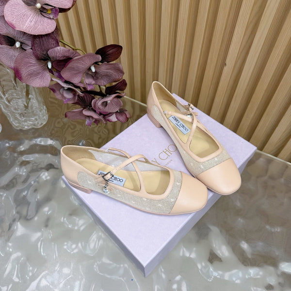 Jimmy Choo Mary Jane Flat Shoes Nude Mesh Leather 537764