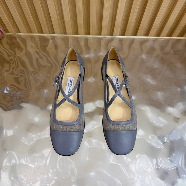 Jimmy Choo Mary Jane Flat Shoes Gray Mesh Leather 537765