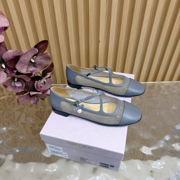 Jimmy Choo Mary Jane Flat Shoes Gray Mesh Leather 537765
