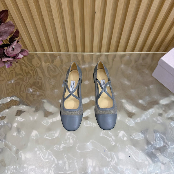 Jimmy Choo Mary Jane Flat Shoes Gray Mesh Leather 537765