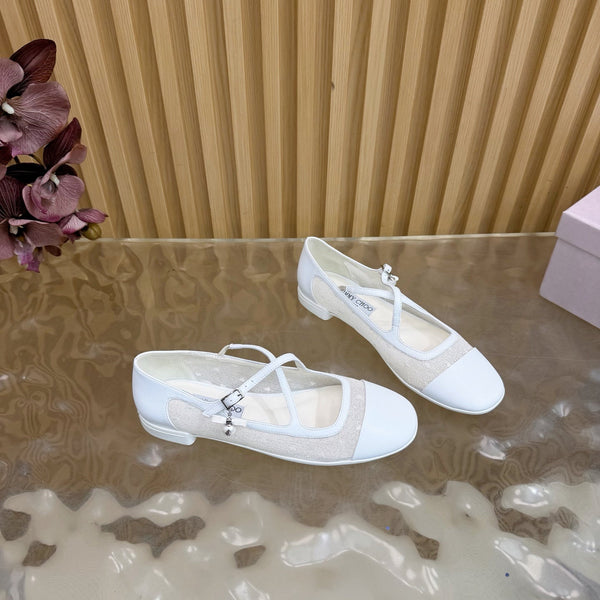 Jimmy Choo Mary Jane Flat Shoes White Mesh Leather 537766
