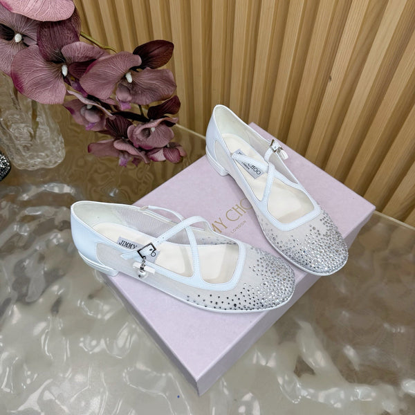 Jimmy Choo Mary Jane Flat Shoes White Mesh Cross Strap Pearl 537767