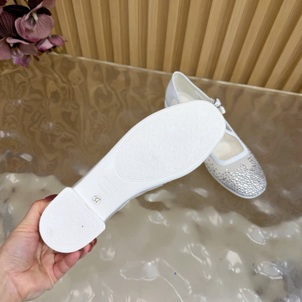 Jimmy Choo Mary Jane Flat Shoes White Mesh Cross Strap Pearl 537767