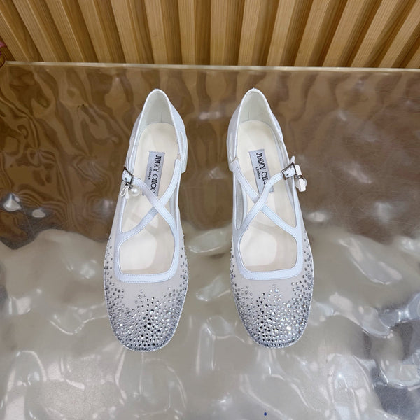 Jimmy Choo Mary Jane Flat Shoes White Mesh Cross Strap Pearl 537767