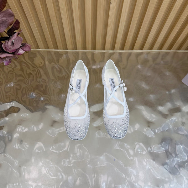 Jimmy Choo Mary Jane Flat Shoes White Mesh Cross Strap Pearl 537767