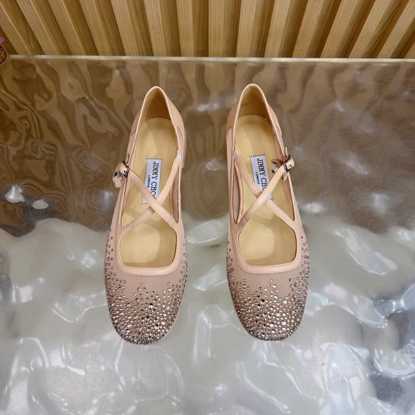 Jimmy Choo Mary Jane Flat Shoes Nude Mesh Cross Strap Pearl 537768