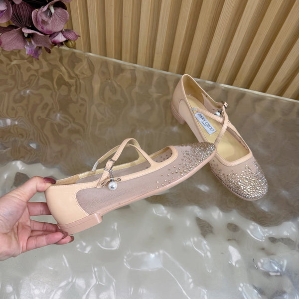 Jimmy Choo Mary Jane Flat Shoes Nude Mesh Cross Strap Pearl 537768