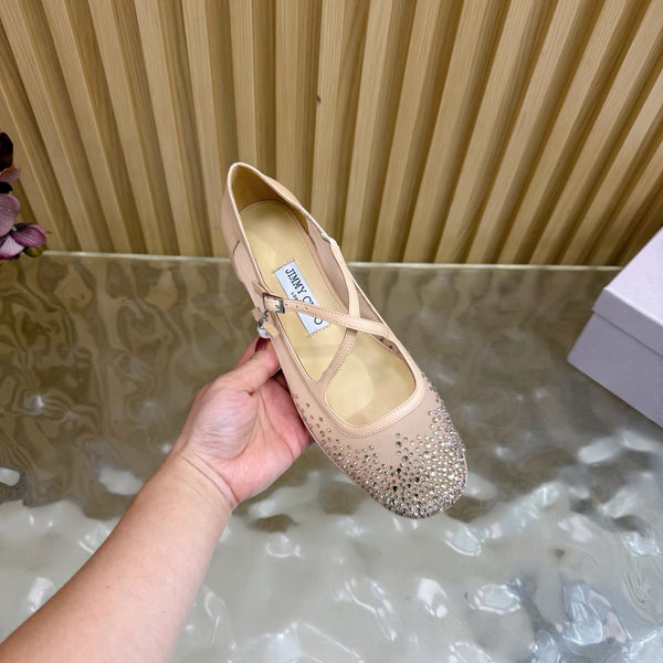 Jimmy Choo Mary Jane Flat Shoes Nude Mesh Cross Strap Pearl 537768
