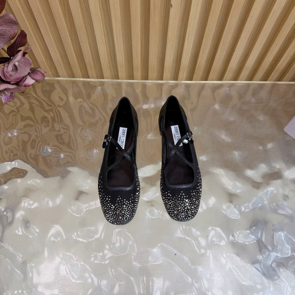 Jimmy Choo Mary Jane Flat Shoes Black Mesh Cross Strap Pearl 537769