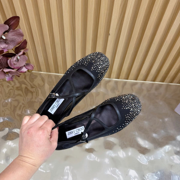 Jimmy Choo Mary Jane Flat Shoes Black Mesh Cross Strap Pearl 537769