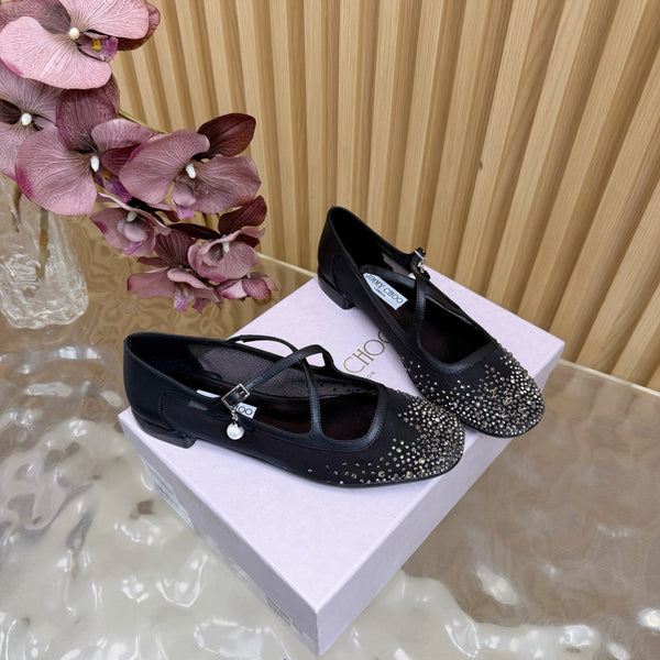 Jimmy Choo Mary Jane Flat Shoes Black Mesh Cross Strap Pearl 537769