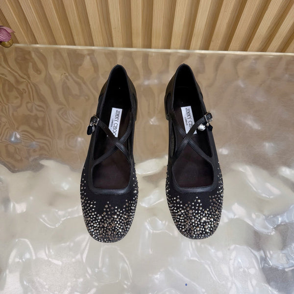 Jimmy Choo Mary Jane Flat Shoes Black Mesh Cross Strap Pearl 537769