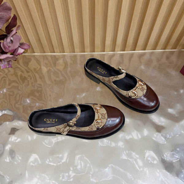 GG 26 Mule Cuir Perlé Marron Beige Double G Tissu 589456