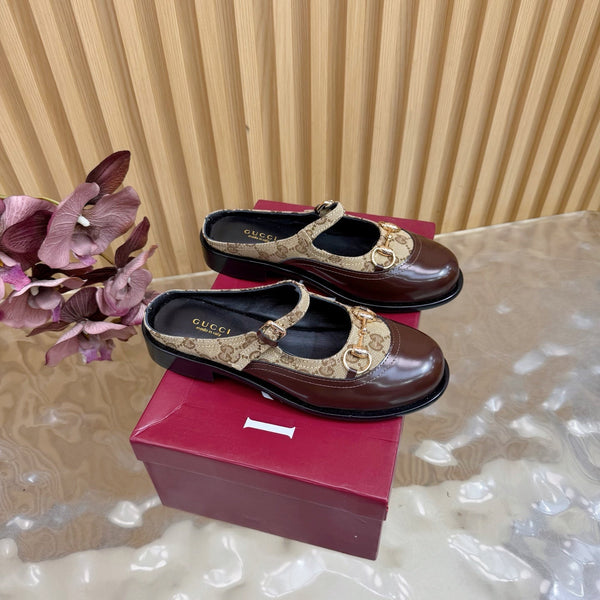 GG 26 Mule Cuir Perlé Marron Beige Double G Tissu 589456
