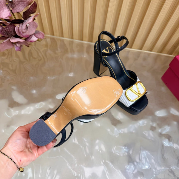 Valentino Signature Platform Sandal Black White Leather Raffia 702265