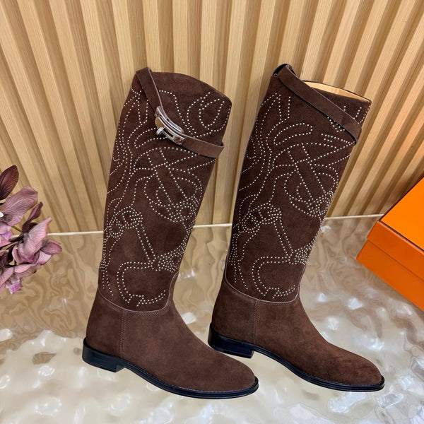 HM 26S Studded Jumping Boots 3cm Brown Suede 114941