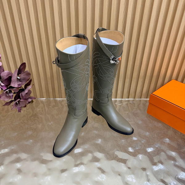 HM 26S Studded Jumping Boots 3cm Khaki Leather 114943