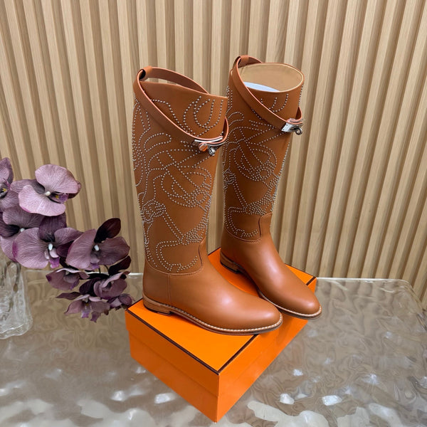 Hermes 26S Studded Jumping Boots 3cm Tan Leather 114944
