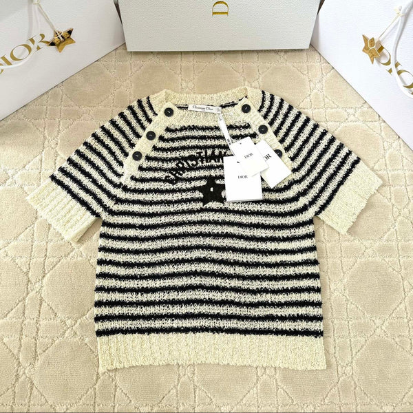CD 2025 Maglia a righe a maniche corte in misto beige e cotone nero