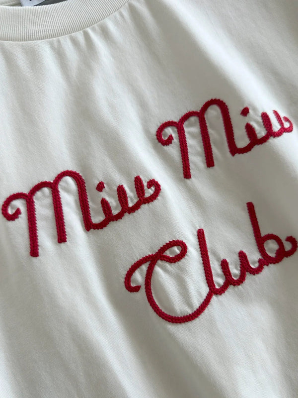 T-shirt brodé Miumiu 2026 à manches courtes en coton blanc et gris 810778