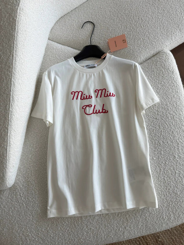T-shirt brodé Miumiu 2026 à manches courtes en coton blanc et gris 810778