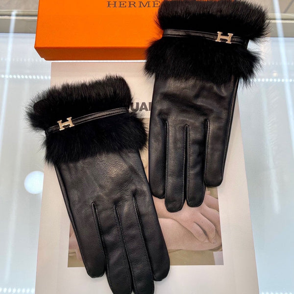 GLOVES WITH H LETTER IN BLACK SHEEPSKIN AND LAMB FUR 409344