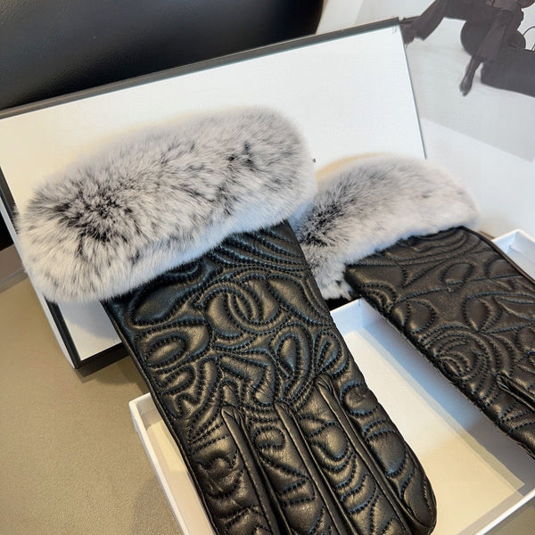 GLOVES IN BLACK EMBOSSED LAMBSKIN WITH RABBIT FUR 462323