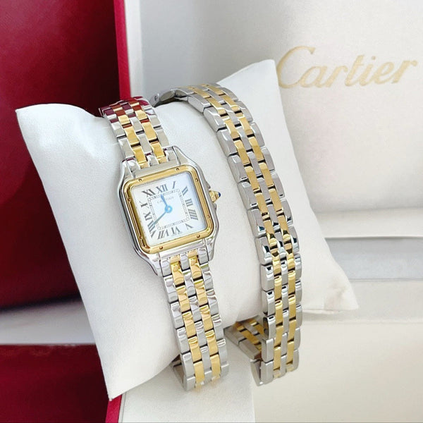 Catena doppia Panthere in oro giallo e argento da 22 mm, 44 cm 