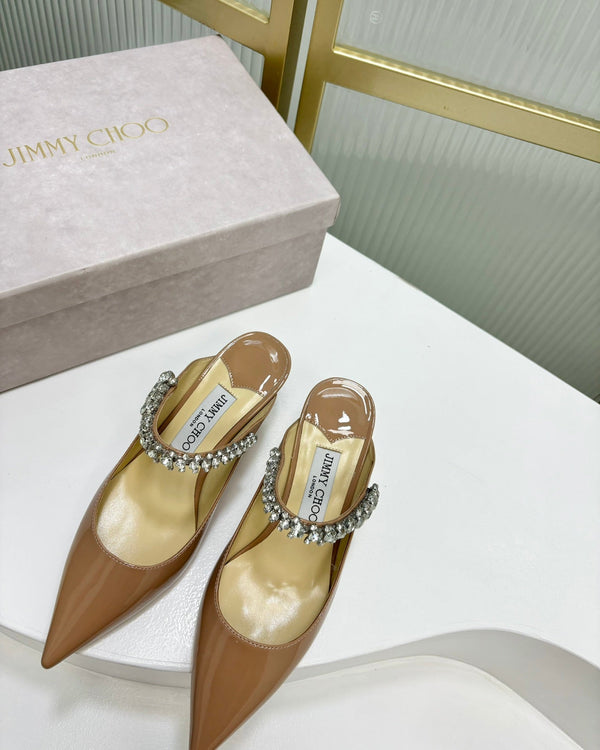 Jimmy Bing 65mm in pelle di vacchetta lucida beige scuro Mules 587762