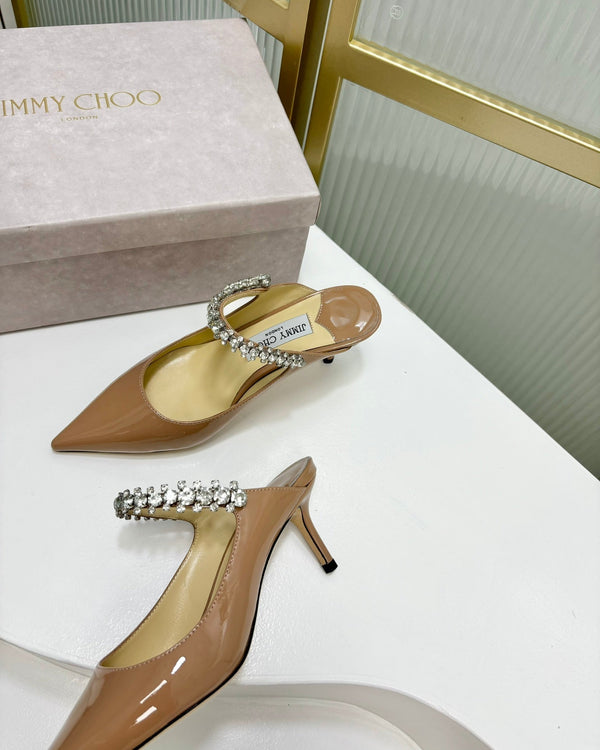 Jimmy Bing 65mm in pelle di vacchetta lucida beige scuro Mules 587762