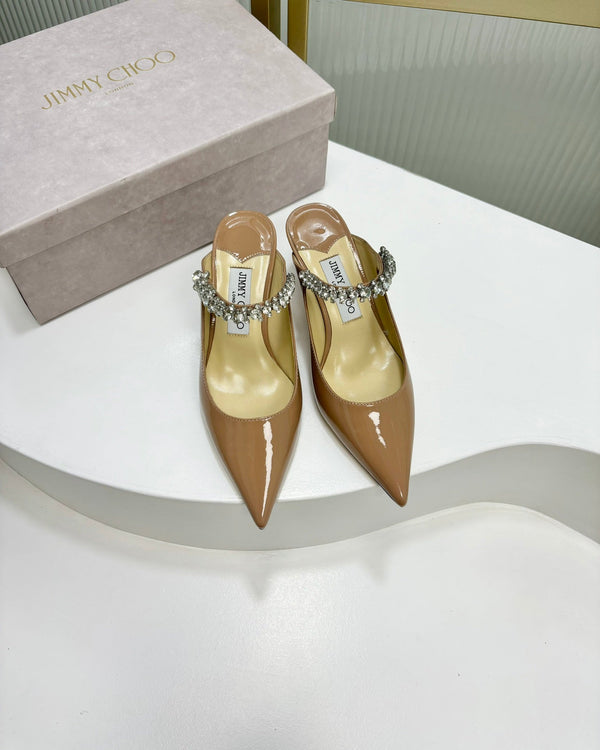 Jimmy Bing 65mm in pelle di vacchetta lucida beige scuro Mules 587762