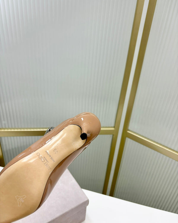 Jimmy Bing 65mm in pelle di vacchetta lucida beige scuro Mules 587762