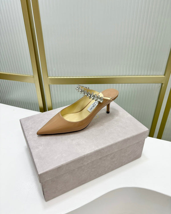 Jimmy Bing 65mm in pelle di vacchetta lucida beige scuro Mules 587762