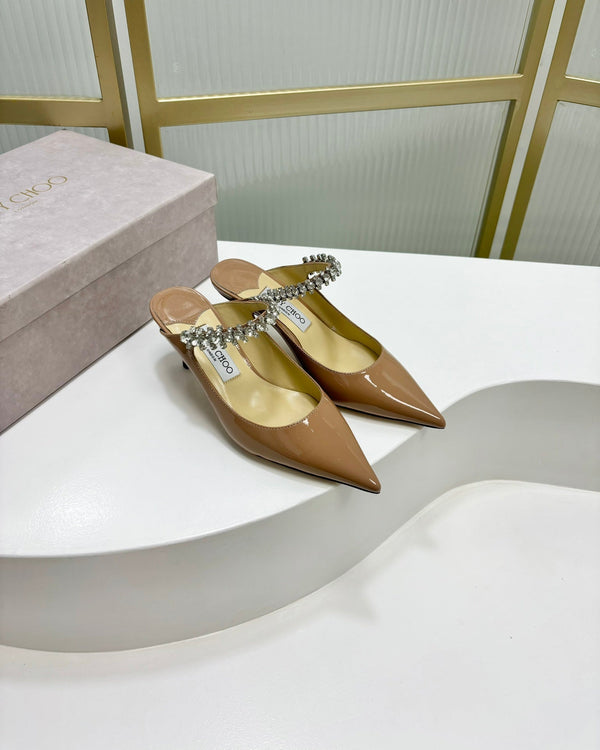 Jimmy Bing 65mm in pelle di vacchetta lucida beige scuro Mules 587762