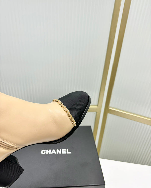 CC Ankle Boot 65 Beige Calfkin Black Grosgrain Leather Strap