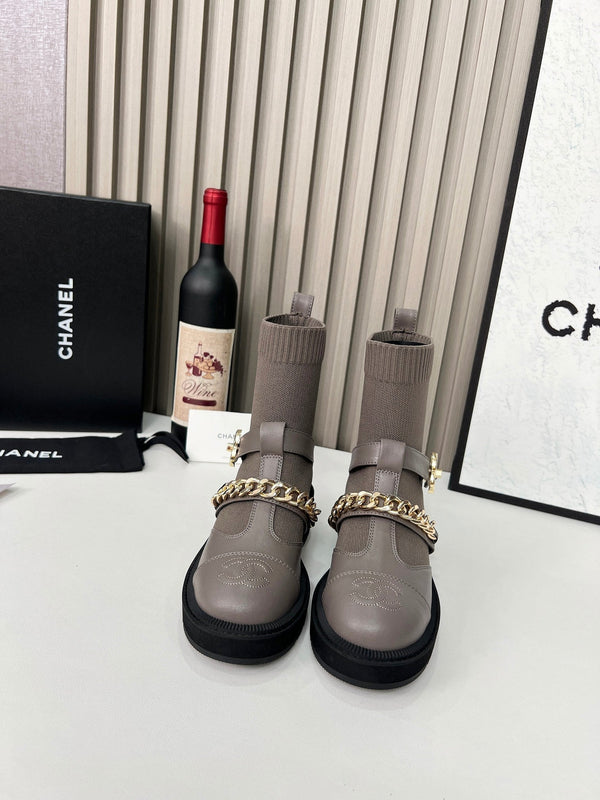 CC 26s Combat Sock Boots Taupe Calfskin Ribbed Knit 924505
