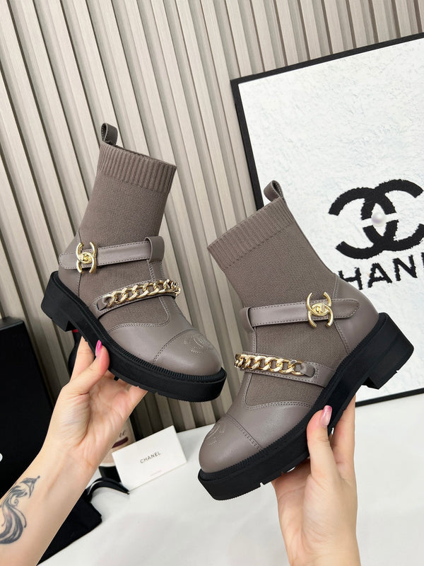 CC 26s Combat Sock Boots Taupe Calfskin Ribbed Knit 924505