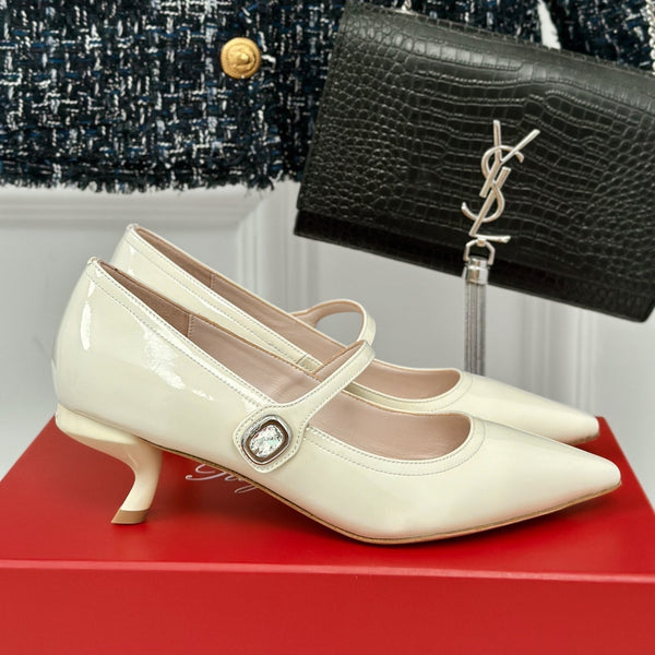 Mary Jane Virgule Pumps 55 Pelle Verniciata Bianca