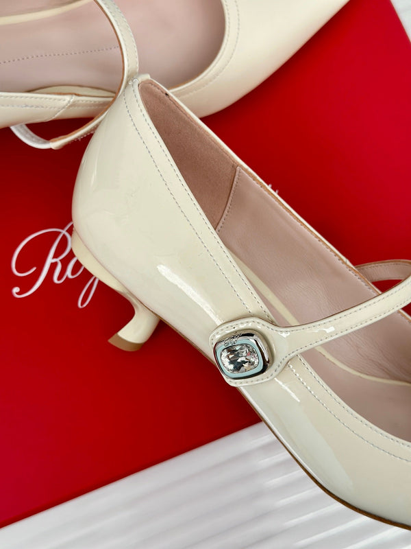 Mary Jane Virgule Pumps 55 Pelle Verniciata Bianca