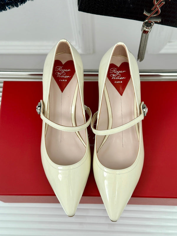 Mary Jane Virgule Pumps 55 Pelle Verniciata Bianca