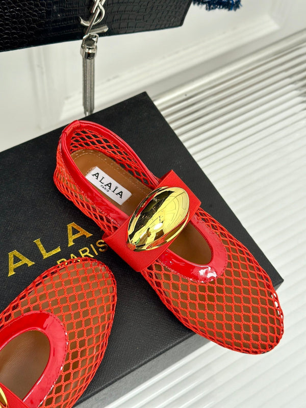 ALAIA MARY JANE SHOES IN CHERRY RED MESH WITH GOLD HARDWARE