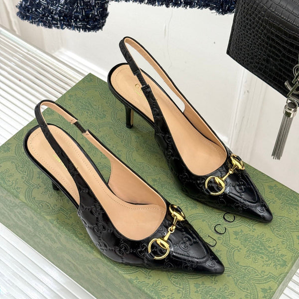 GG Horsebit Slingback 85MM Black GG Leather Point Toe