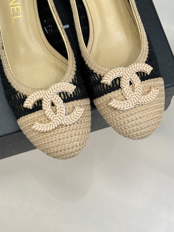 CC 25P Ballerine Hollow Double C 50mm Beige Nero Rafia 265636