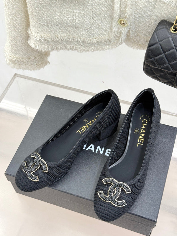 CC 25P Hollow Double C Ballet Flats 50mm Black Raffia 265639
