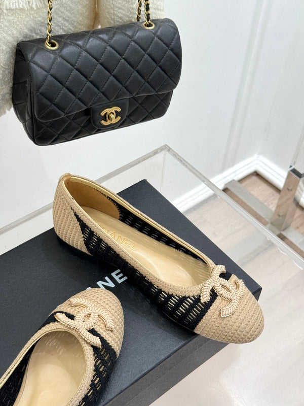 CC 25P Ballerine Hollow Double C 15mm Beige Nero Rafia 265640