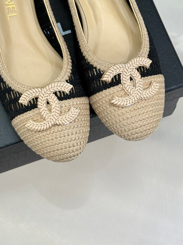 CC 25P Ballerine Hollow Double C 15mm Beige Nero Rafia 265640