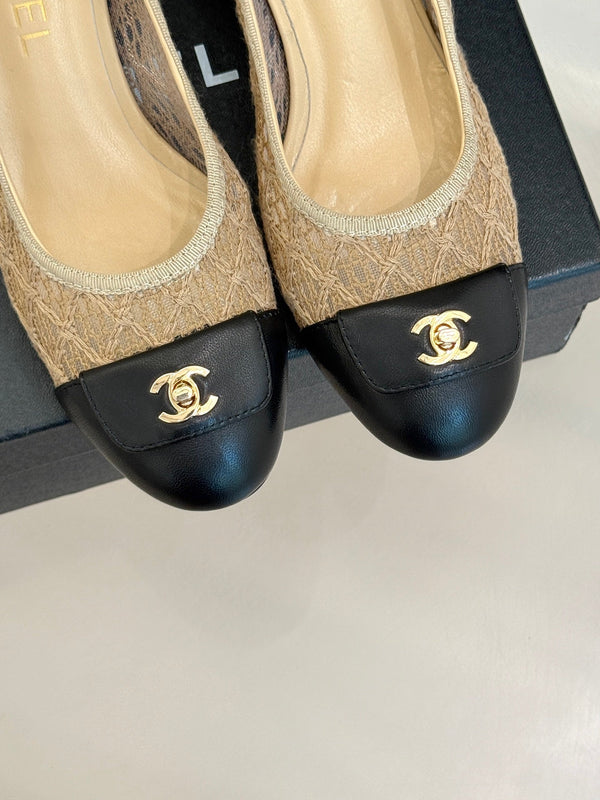 Chanel 25 Ballet Flat 50mm Beige Black Woven Lambskin 473050