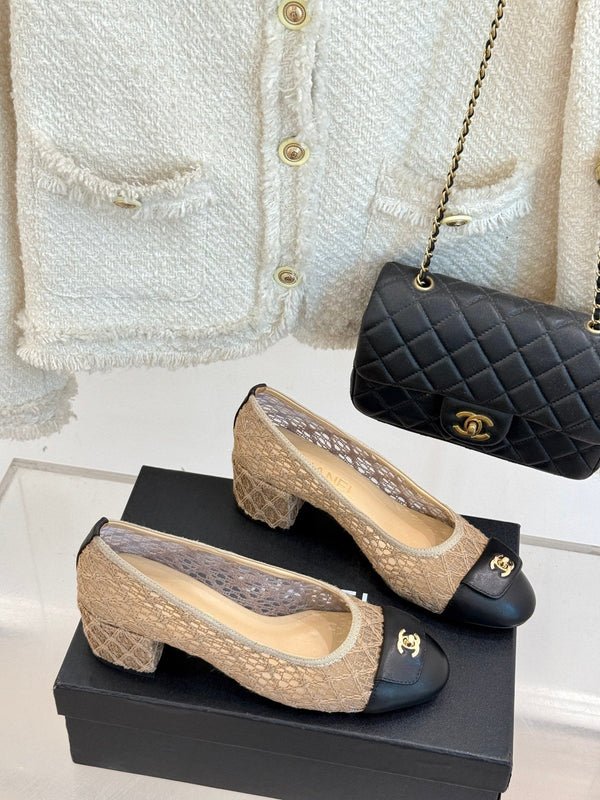 Chanel 25 Ballet Flat 50mm Beige Black Woven Lambskin 473050